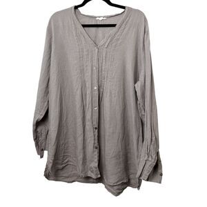 Eileen Fisher Woman Grey Irish Linen Long Sleeve Button Blouse Women's Size 1X